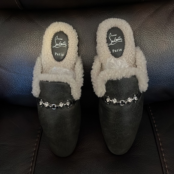 Christian Louboutin mens red bottom spike shearling leather loafer mules NWB - Picture 6 of 11